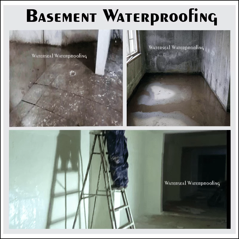 Basement waterproofing work showing leakage repair, damp floors, and sealed basement walls