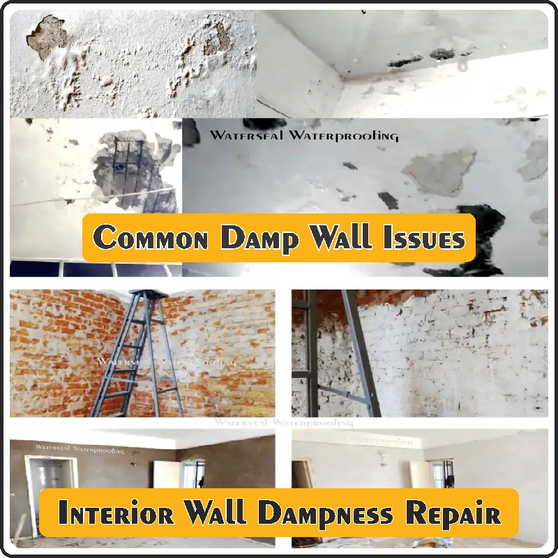 Interior wall dampness problems and repair treatment showing peeling paint and seepage patches